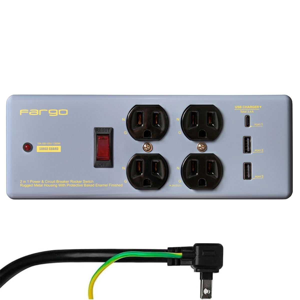FARGO コンセント 3ピン プラグ 電源タップ 延長コード おしゃれ スチール イズカット 雷サージ 4個口 3.4A USB  TypeC TypeA 1.8m SALE |  | 04