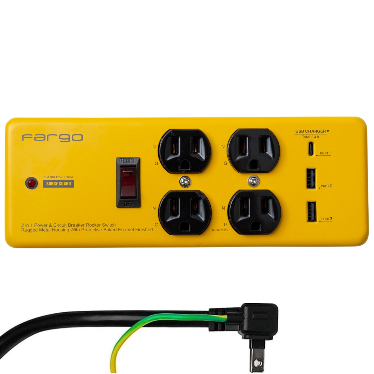 FARGO コンセント 3ピン プラグ 電源タップ 延長コード おしゃれ スチール イズカット 雷サージ 4個口 3.4A USB  TypeC TypeA 1.8m SALE |  | 02