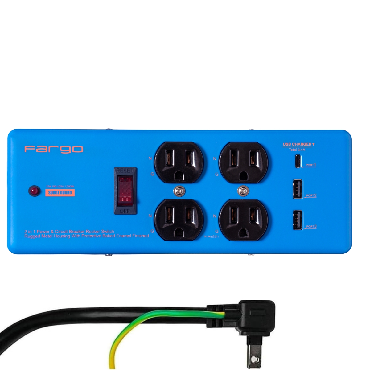 FARGO コンセント 3ピン プラグ 電源タップ 延長コード おしゃれ スチール イズカット 雷サージ 4個口 3.4A USB  TypeC TypeA 1.8m SALE |  | 03