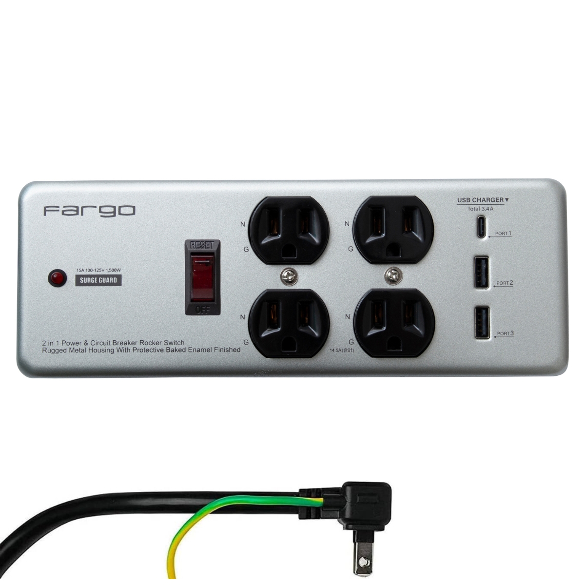 FARGO コンセント 3ピン プラグ 電源タップ 延長コード おしゃれ スチール イズカット 雷サージ 4個口 3.4A USB  TypeC TypeA 1.8m SALE |  | 01