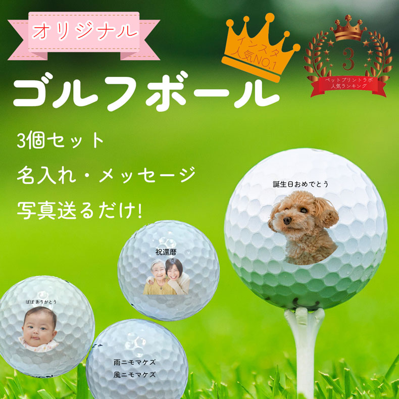 記念品 名入れ ゴルフボール うちの子 オリジナル 3個セット 写真 ペット 誕生日 プリント ギフト 父の日 母の日 犬 猫 推し活 ペットロス ペットプリントラボ