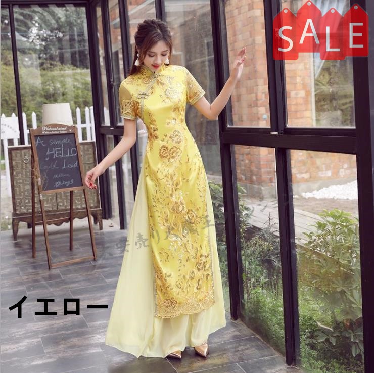 Nodress チャイナドレス　ワンピース　黄色　ブローチ付き　激レア b436.jpg