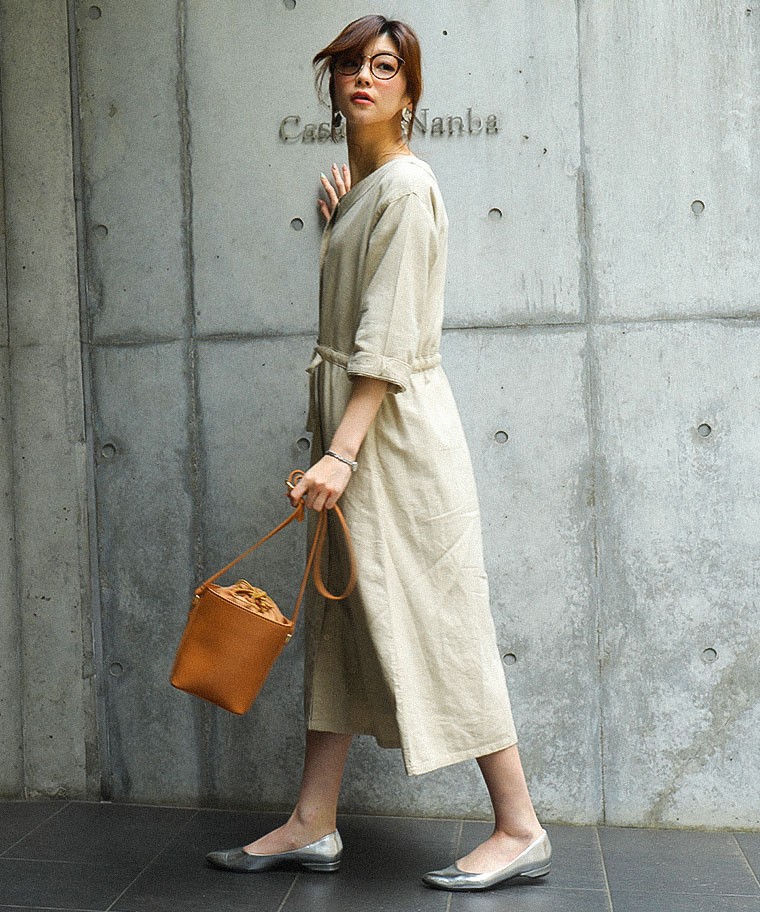 リネンレーヨン ロング シャツワンピース 大きいサイズ 5分袖 麻 ノー