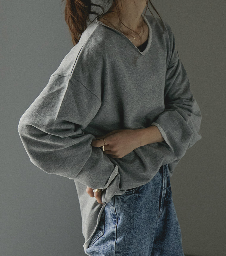 Fashion Letter [M-5L]切りっぱなし Vネック 裏毛 スウェット