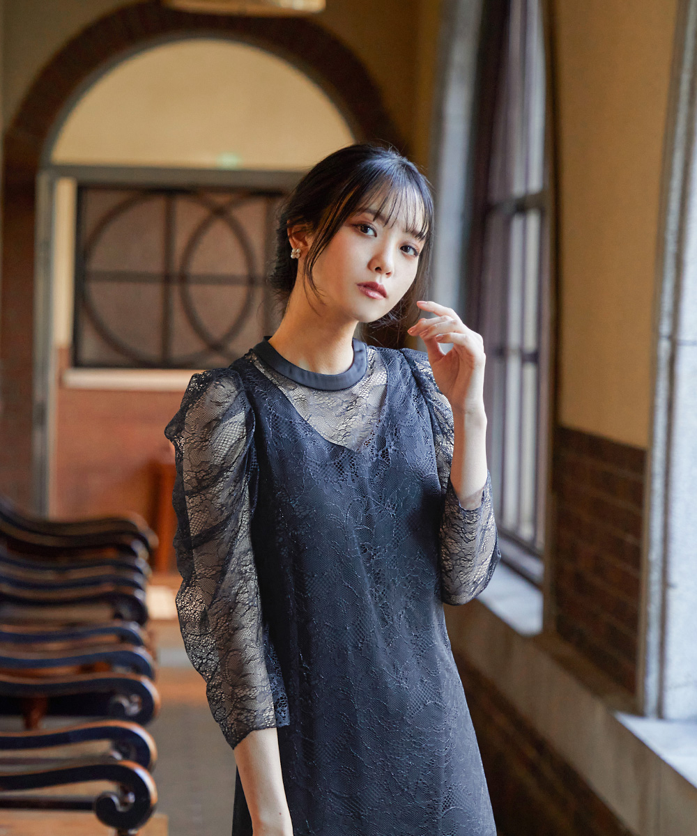 niana ドレス スクエア切替デザイン刺繍レースパーティードレス