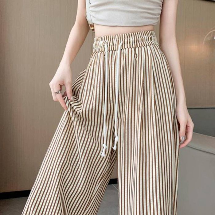 パンツ ハイウエスト ゆったり ストライプ XS/3XL miniministore ロングパンツ レディース ワイドパンツ ハイ