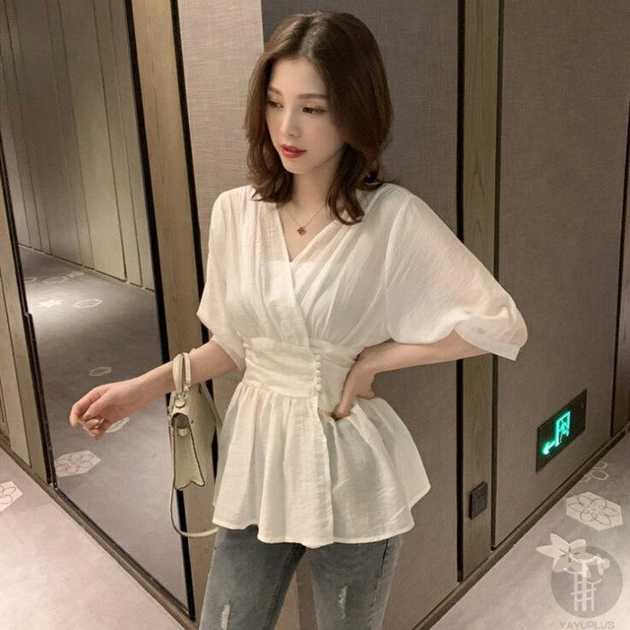 ブラウス トップス レディース Vネック 半袖 シャツ 白 ホワイト 無地 ベーシック カジュアル きれいめ おしゃれ 上品 涼しい 夏 ファッション 代引不可 Cbrx77 流行リズム 通販 Yahoo ショッピング