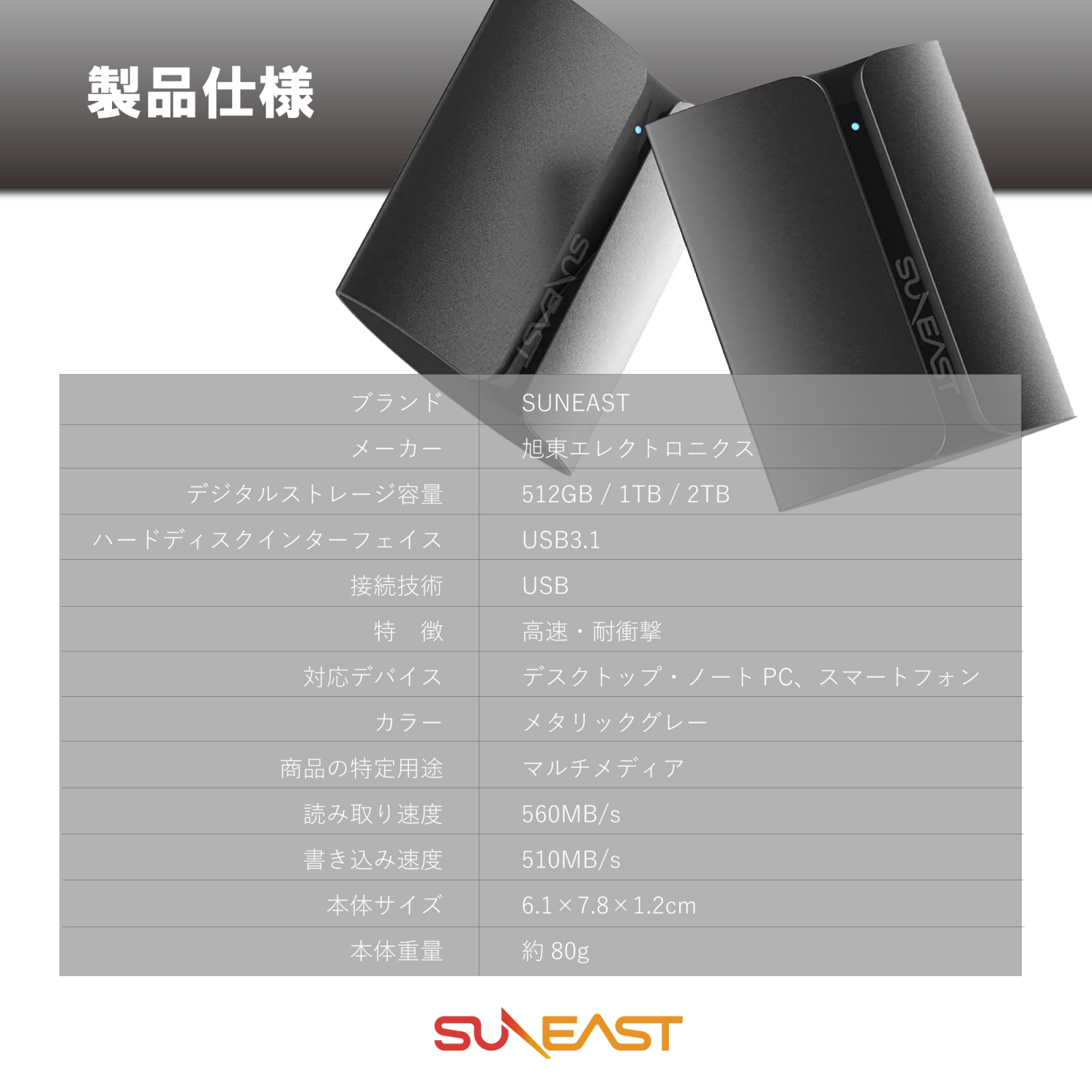 SUNEAST ポータブル SSD 2TB 3年保証 USB3.1 Type-C R:560MB