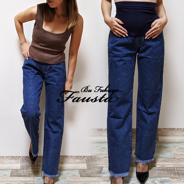 マタニティデニム ワイドパンツ マタニティ パンツ 裾フリンジ 産前産後 妊婦服 安い ブリーチ インディゴ M104 |  | 02