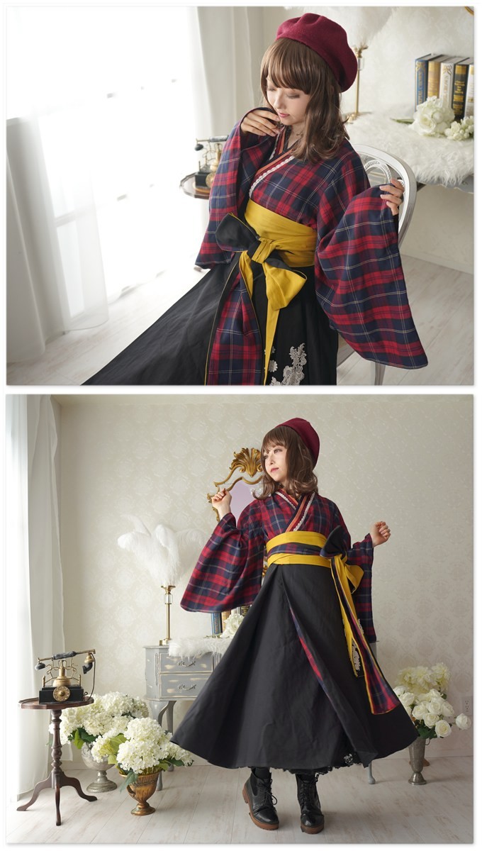 ワンピース マキシ丈 和装 Favoriteオリジナルイエロー帯 赤チェックの大正浪漫着物風ワンピース19年12月新作上旬新作 Ff1463 ワンピース専門店 Favorite 通販 Yahoo ショッピング