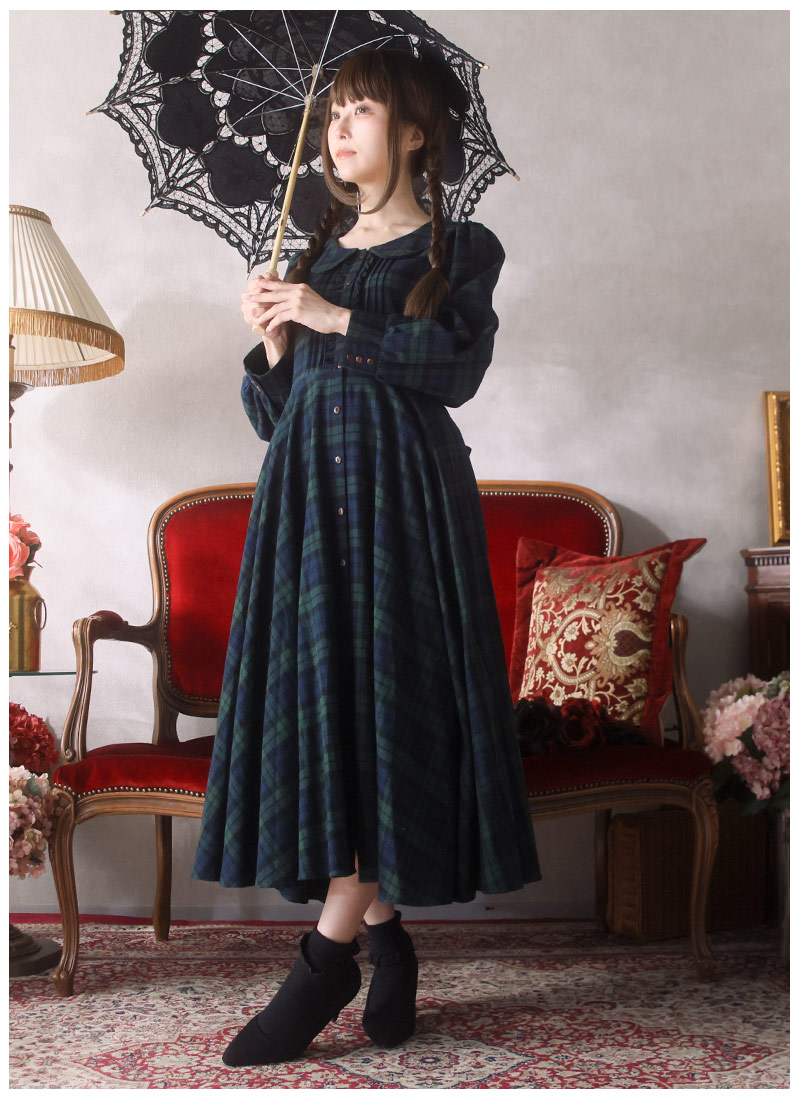 秋冬定番グリーンチェックの全円シャツワンピースFavorite