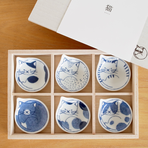 波佐見焼 豆neco皿 豆皿 小皿 6枚 セット 木箱入り 猫皿 ねこ皿 箸置き 平皿 磁器 和食器 石丸陶芸 日本製