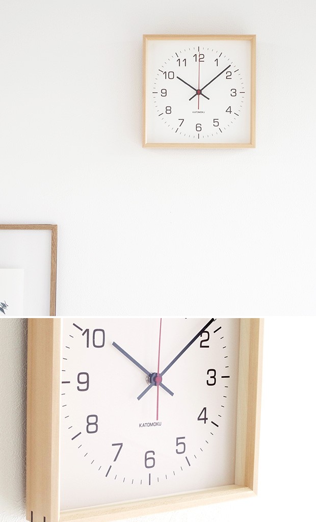 加藤木工 カトモク KATOMOKU Square clock 2 ナチュラル バスウッド 電波時計 壁掛け スクエア 四角 スイープムーブメント