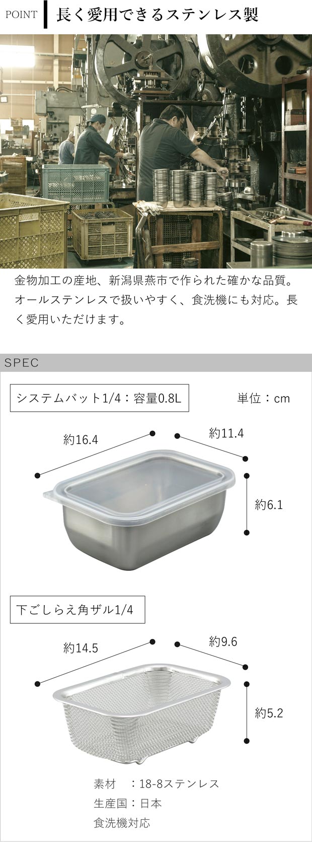 家事問屋 システムバット & 下ごしらえ角ザル セット spec