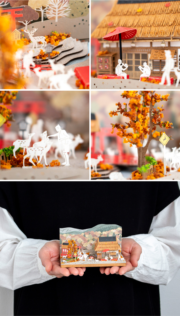 ペーパークラフト キット 日本の四季 秋の楓と奈良の鹿 ミニチュア 紙製 DIY 立体パズル 大人 紙風景 紙の風景 Jeantopia ジントピア