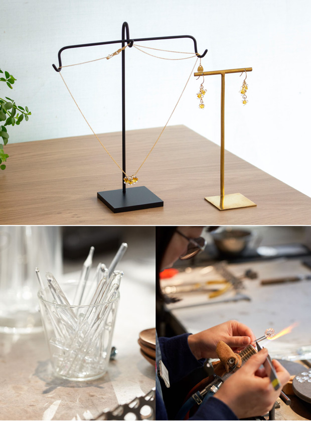 ハリオ ピアス ひとふさのミモザ 花 ガラス製 HARIO Lampwork Factory 手作り 日本製 小ぶり