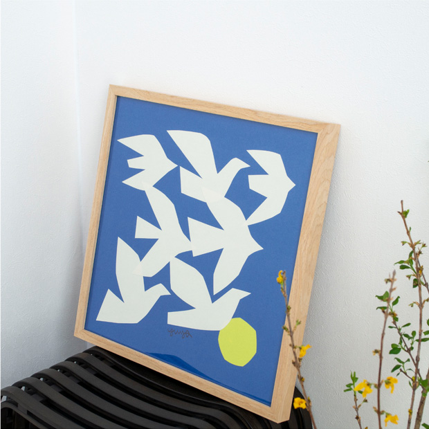 ポスター フレーム付き FLYING BIRDS 42.5×42.5cm 木製 正方形 ポスターフレーム 鳥 アートポスター YUYA ユウヤ 切り絵作家 bicosya 美工社