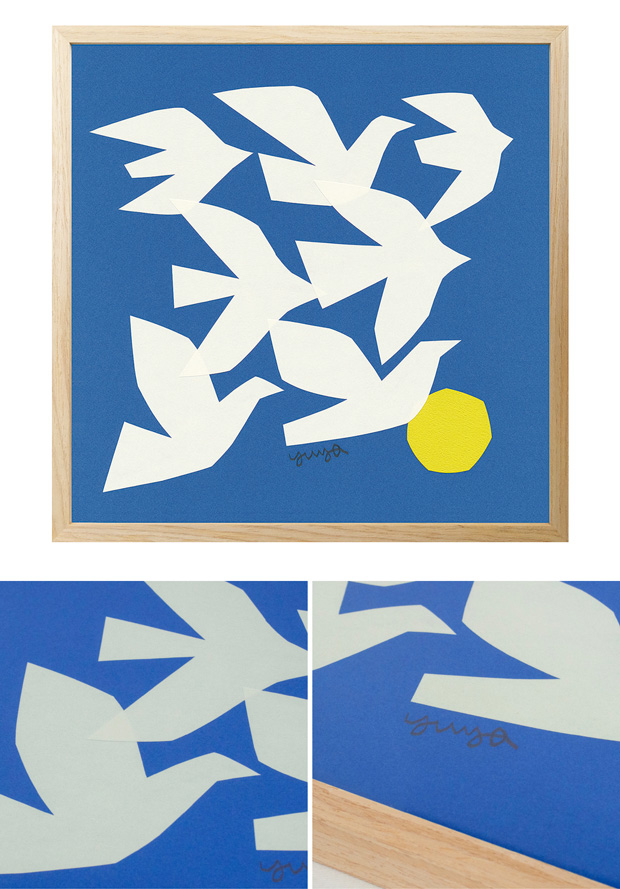 ポスター フレーム付き FLYING BIRDS 42.5×42.5cm 木製 正方形 ポスターフレーム 鳥 アートポスター YUYA ユウヤ 切り絵作家 bicosya 美工社