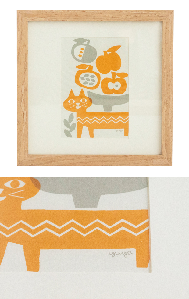 ポスター フレーム付き フルーツを運ぶ猫 22.5×22.5cm 木製 正方形 ポスターフレーム 猫 アートポスター YUYA ユウヤ 切り絵作家 bicosya 美工社