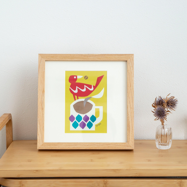 ポスター フレーム付き コーヒーの時間 22.5×22.5cm 木製 正方形 ポスターフレーム マグ カップ 鳥 アートポスター YUYA ユウヤ 切り絵作家 bicosya 美工社