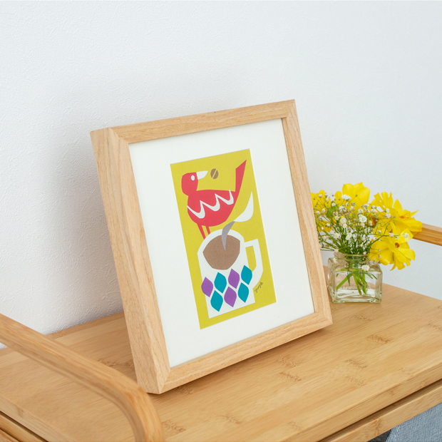 ポスター フレーム付き コーヒーの時間 22.5×22.5cm 木製 正方形 ポスターフレーム マグ カップ 鳥 アートポスター YUYA ユウヤ 切り絵作家 bicosya 美工社