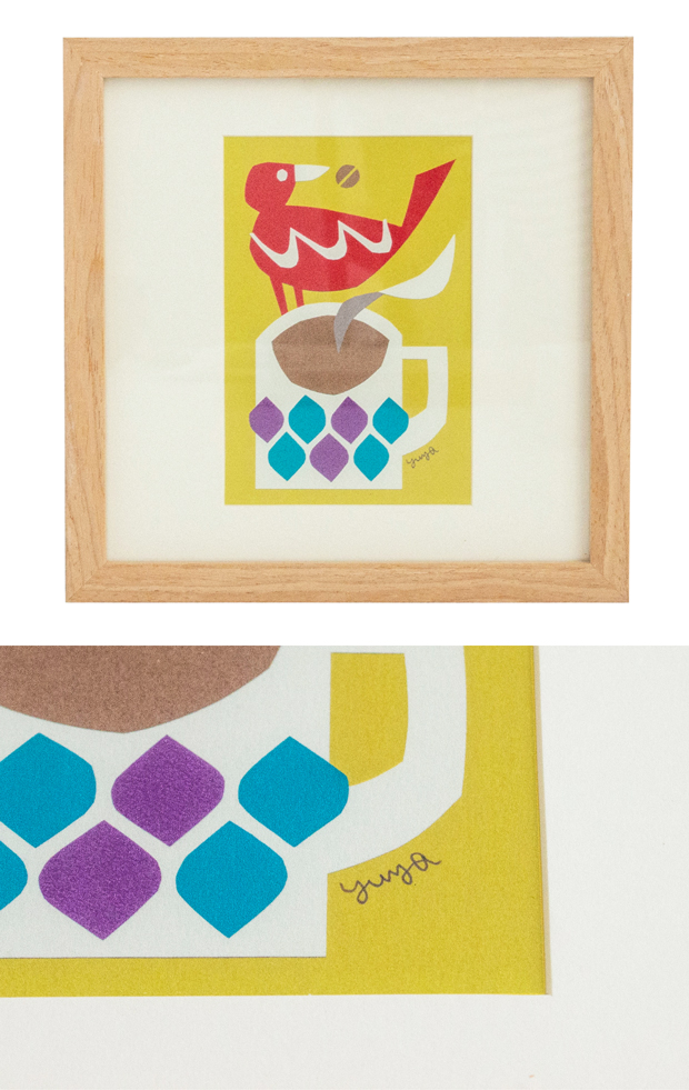 ポスター フレーム付き コーヒーの時間 22.5×22.5cm 木製 正方形 ポスターフレーム マグ カップ 鳥 アートポスター YUYA ユウヤ 切り絵作家 bicosya 美工社