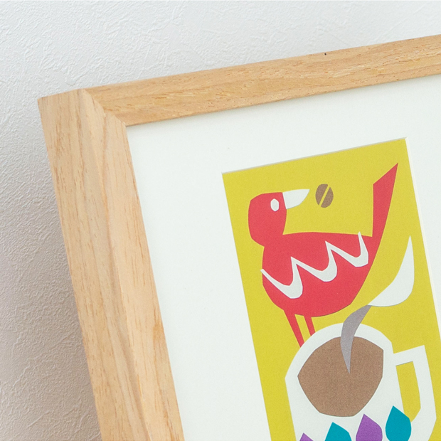 ポスター フレーム付き コーヒーの時間 22.5×22.5cm 木製 正方形 ポスターフレーム マグ カップ 鳥 アートポスター YUYA ユウヤ 切り絵作家 bicosya 美工社