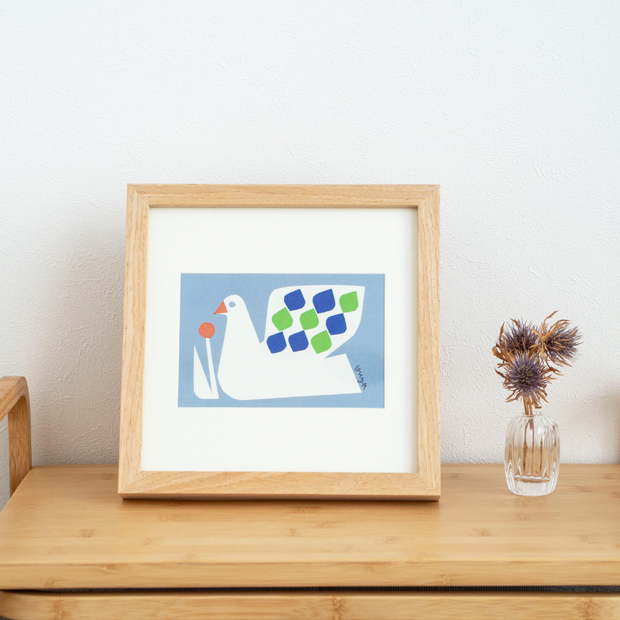 ポスター フレーム付き 模様のある白い鳥 22.5×22.5cm 木製 正方形 ポスターフレーム 鳥 アートポスター YUYA ユウヤ 切り絵作家 bicosya 美工社