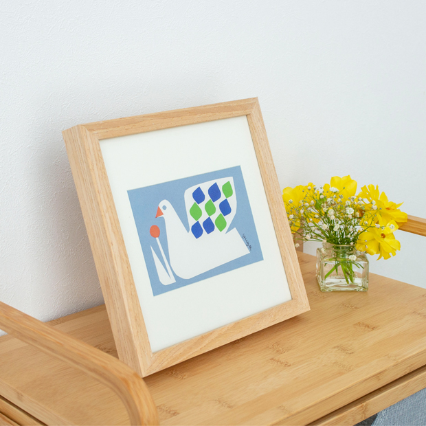 ポスター フレーム付き 模様のある白い鳥 22.5×22.5cm 木製 正方形 ポスターフレーム 鳥 アートポスター YUYA ユウヤ 切り絵作家 bicosya 美工社