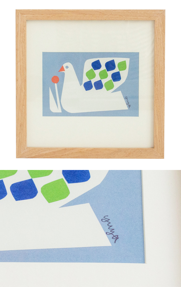 ポスター フレーム付き 模様のある白い鳥 22.5×22.5cm 木製 正方形 ポスターフレーム 鳥 アートポスター YUYA ユウヤ 切り絵作家 bicosya 美工社