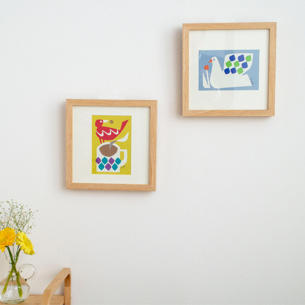 ポスター フレーム付き 模様のある白い鳥 22.5×22.5cm 木製 正方形 ポスターフレーム 鳥 アートポスター YUYA ユウヤ 切り絵作家 bicosya 美工社