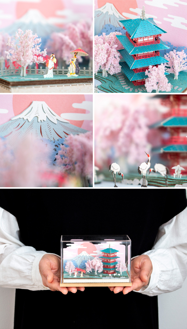 ペーパークラフト キット 日本の四季 春の桜と富士山 ミニチュア 紙製 DIY 立体パズル 大人 紙風景 紙の風景 Jeantopia ジントピア