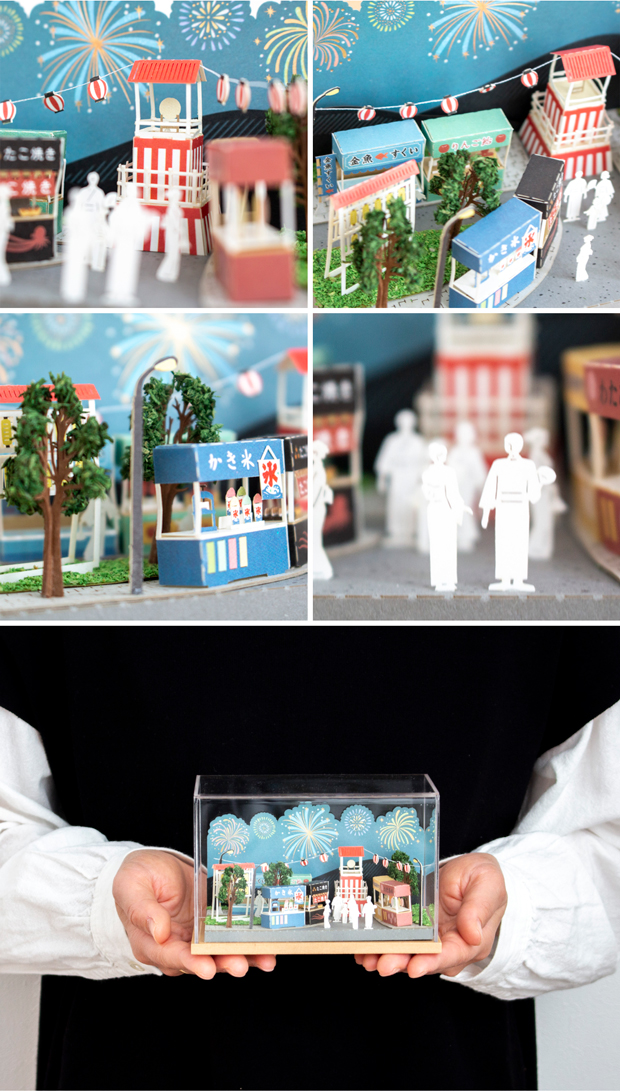 ペーパークラフト アクリルケース セット 日本の四季 夏の花火大会 ミニチュア 紙製 紙風景 紙の風景 Jeantopia ジントピア
