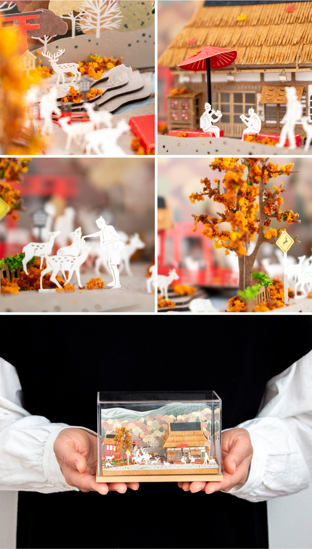 ペーパークラフト アクリルケース セット 日本の四季 秋の楓と奈良の鹿 ミニチュア 紙製 紙風景 紙の風景 Jeantopia ジントピア