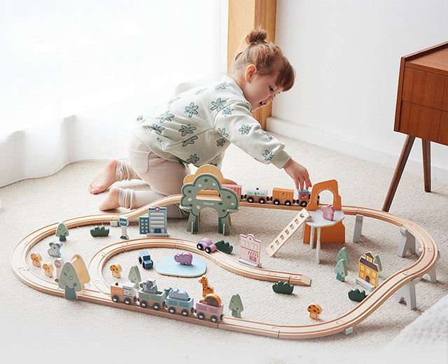 PolarB トレインレールセット92ピース TYPR44067(おもちゃ 木 動物 車