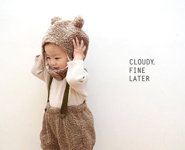 CLOUDY，FINE LATER どうぶつボア帽子＆サスペンダー付きボアパンツ