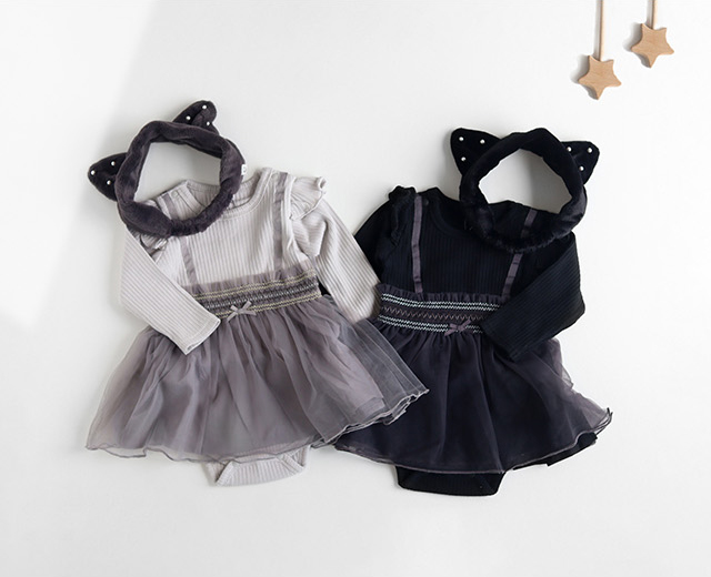 【特別セット】　色違いコーデ　3段フリル　猫耳カチューシャ　１６cm　ぬい服 ハンドメイド おすわりぬい服 15cm〜16cm グレー×千鳥柄×猫耳