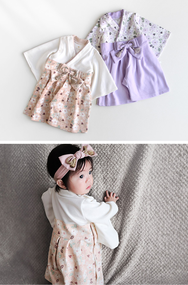★髪飾り付 リバティ袴ロンパース70 de.sh0p様ハンドメイド mocmof（モクモフ） 袴 ロンパース＆和風リボン ヘアバンドセット