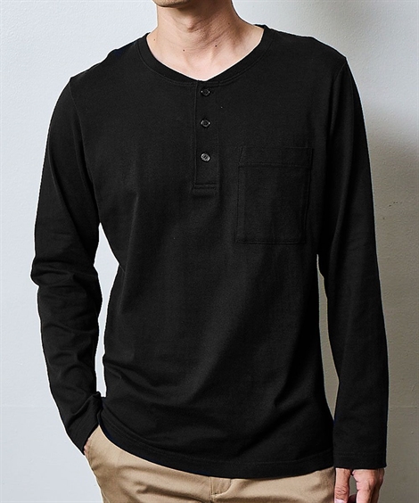 ニッセン（nissen） Tシャツ 長袖 綿100% ポケット付 ヘンリーネック