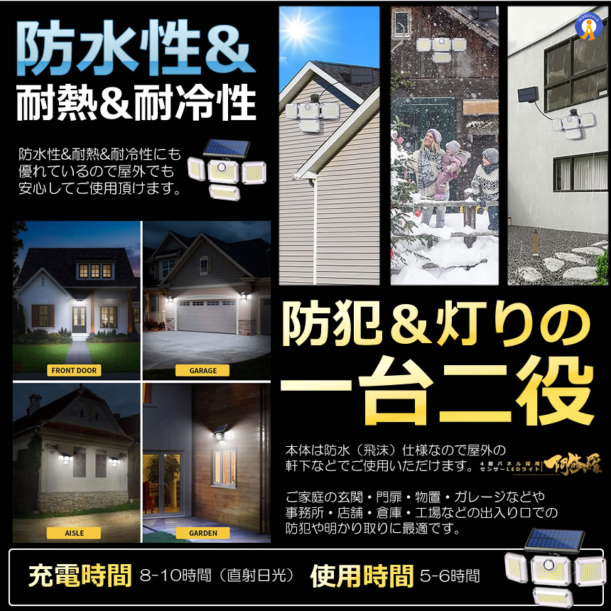 2個セット 333LED センサーソーラーLEDライト ガーデンライト 4面式 屋外 明るい 庭 照明 人感センサー 防水 広角 リモコン 360°防犯対策 夜間 玄関 333LED｜fcl-plus｜07