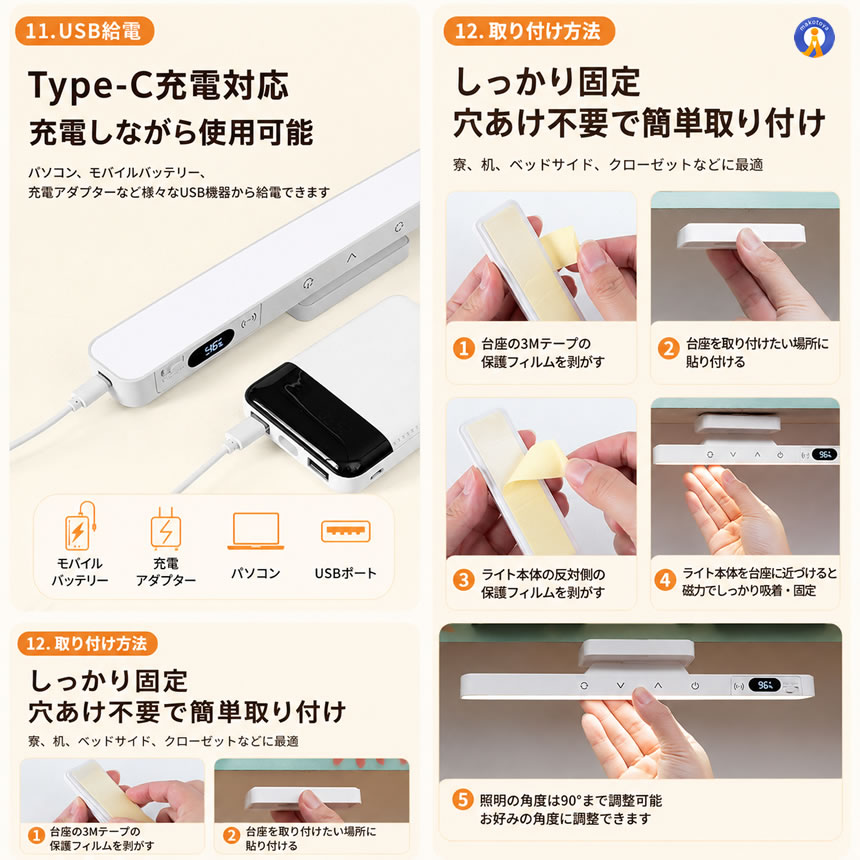 2個セット デスクライト LED ライト 充電式 マグネットライト リモコン