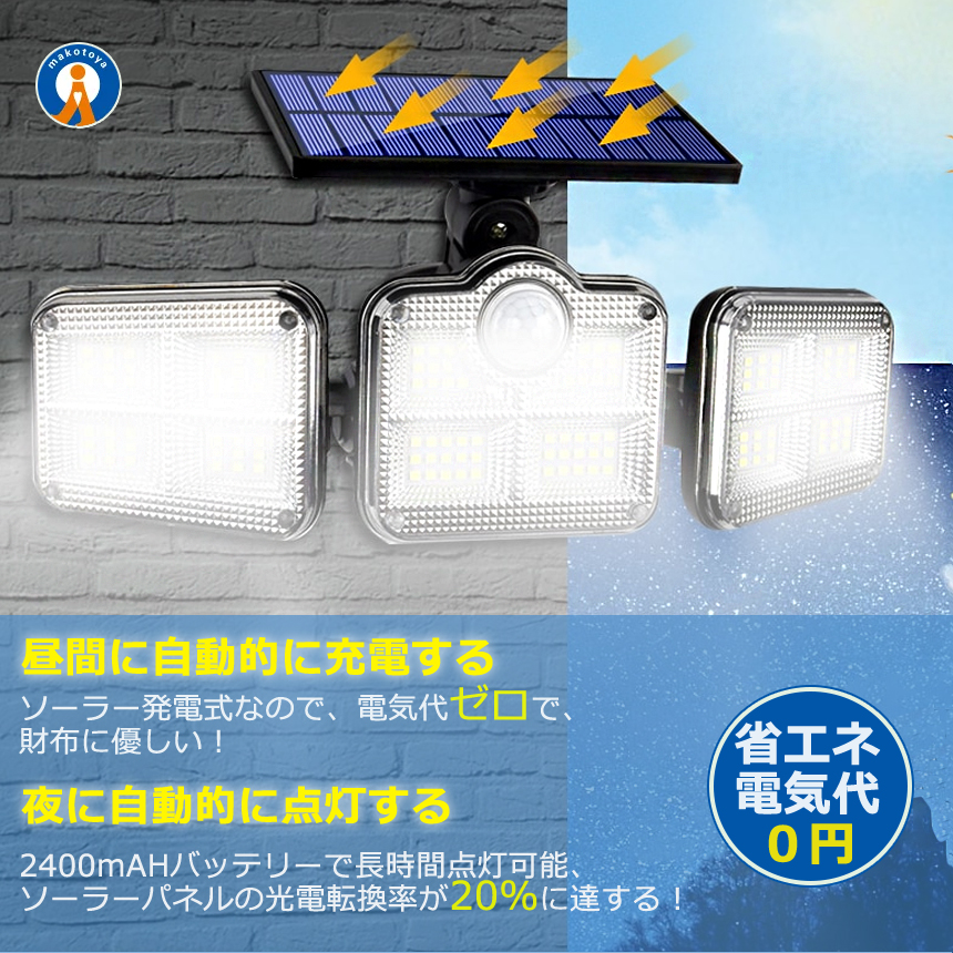 ソーラーライト 122LED 屋外 分離型 5ｍコード付き センサーライト 人感センサー 玄関 広範囲 壁掛け 防犯 照明 爆光 リモコン付き 自動点灯 SANMENRAIT｜fcl-plus｜04