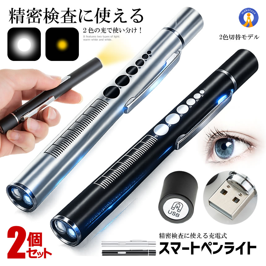2個セット USB充電式 ペンライト 2色切替 暖色光 白色光 軽量 検査