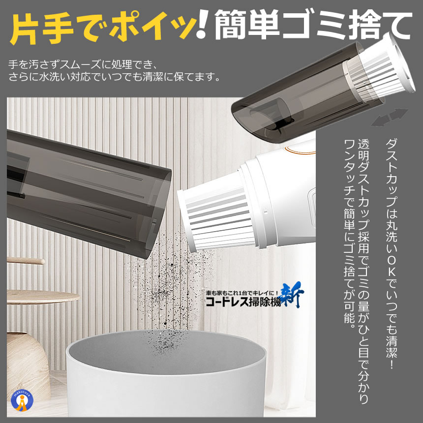 コードレス 掃除機 12000Pa 強力吸引 USB充電 軽量 約1.2kg 車用掃除機