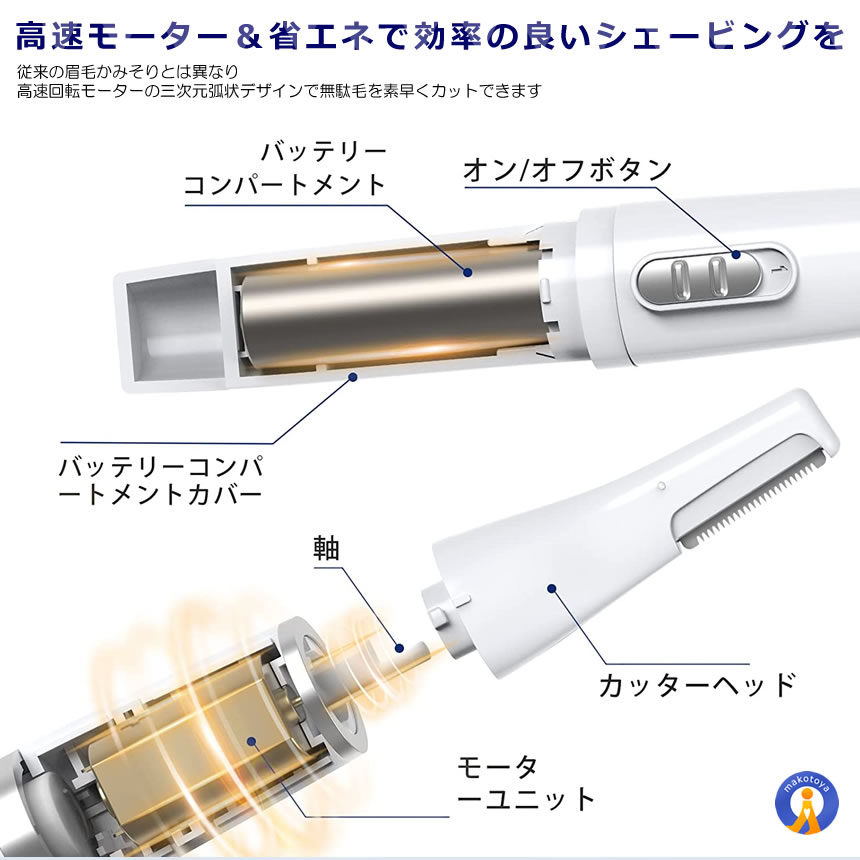 眉毛 シェーバー R形状 乾電池式 男女兼用 眉毛カット 水洗い 鼻毛カッター フェイスシェーバー 産毛剃り 顔剃り 頬 鼻毛 髭 腕 もみあげ COROSHE |  | 03