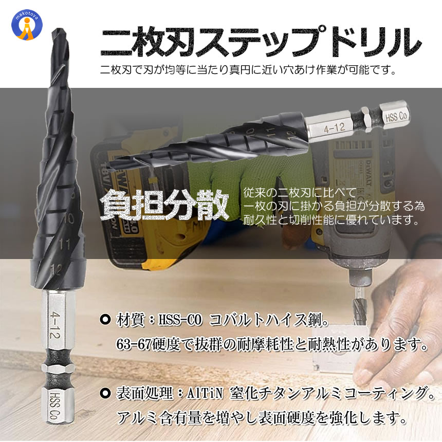 DA　pg5+スタビバーチ+12角軸+ステンレススリット 即納 3枚刃 ステップドリル ステンレス用 ドリルビット螺旋