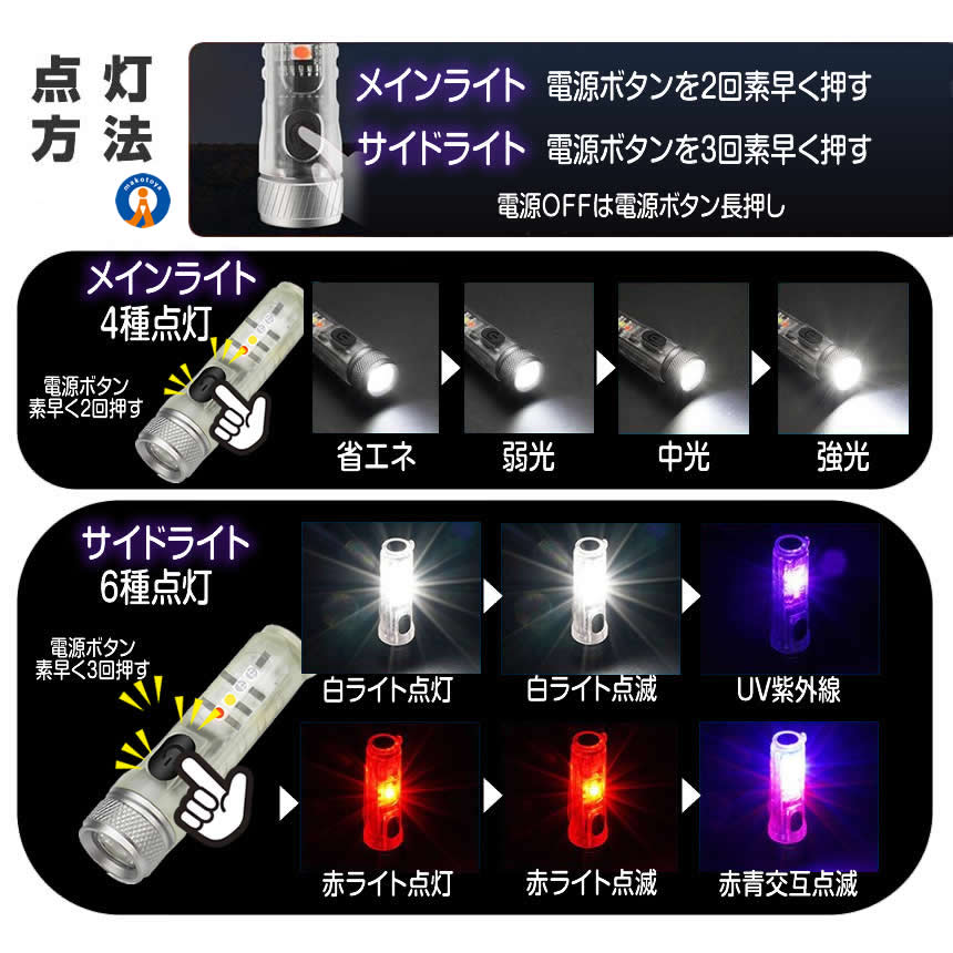 懐中電灯 LED 充電式 蛍光 4色ライト UV紫外線 自動発光 記憶機能 防水