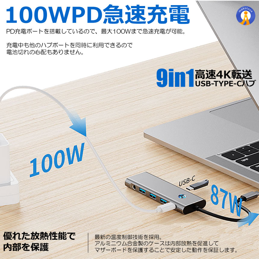 usbハブ 5個セット USB Type-C ハブ 9in1 4K HDMI USB3.0対応 SDカードリーダー PD充電 対応 hub 高解像度 モニターOFFボタン付き スクリーンスイッチ 9IN1HUB_6