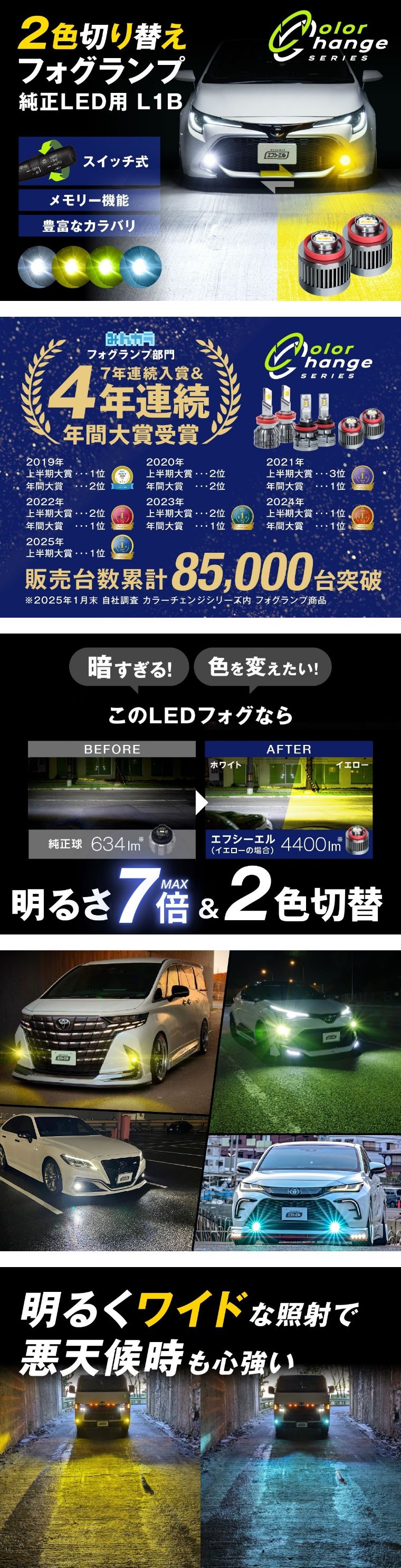 fcl led L1B 2色切替 フォグランプ イエロー ホワイト 7倍の明るさ