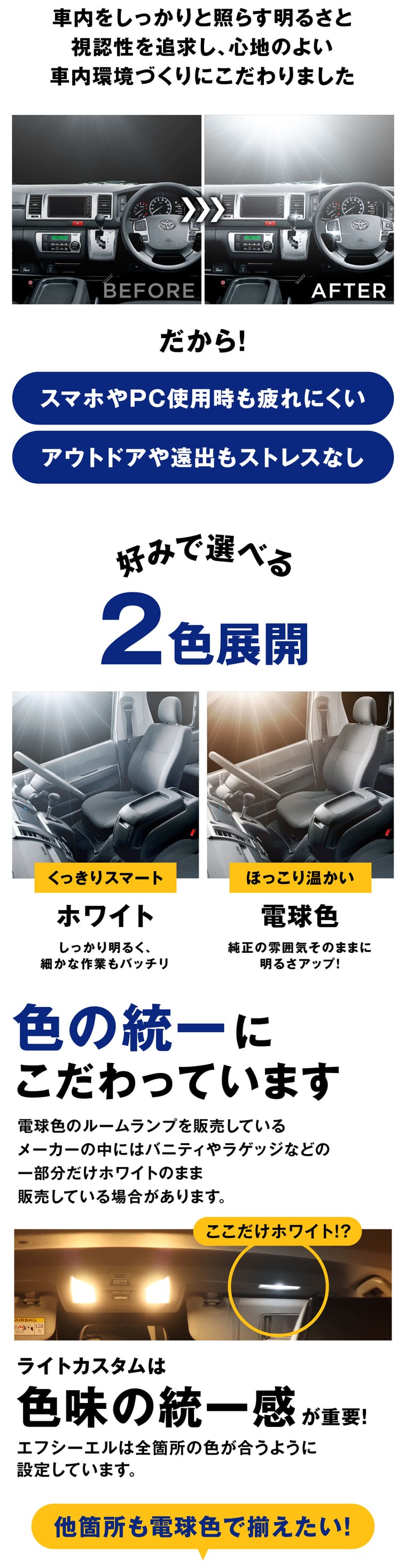 視認性 車内環境 ホワイト 電球色 暖色 色味の統一